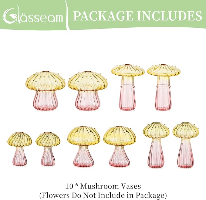 Glasseam Mushroom Plant Propagation Stations: Colored Glass Terrarium Jar Set of 10 Cute Planters for Indoor Plants Mini Propagate Station Unique Christmas Birthday Gifts for Women Home Office Decor