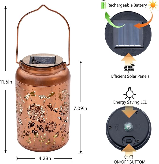 2pack Solar Lanterns Lights Outdoor Hanging Lantern Waterproof Metal LED Dragonfly Christmas Decor Gifts for Women Mom Grandma Solar Light for Garden,Yard,Patio, Lawn,Pathway,Landscape