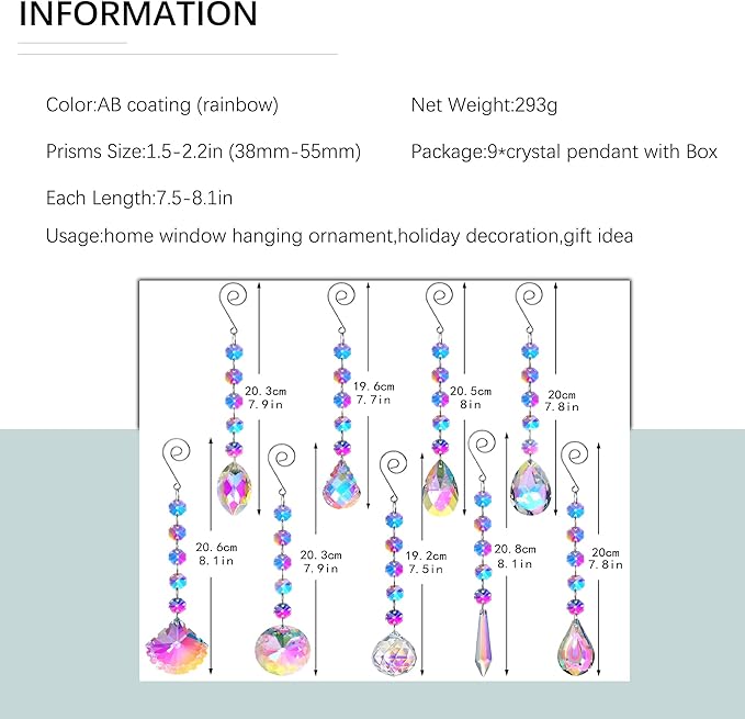 HDCRYSTALGIFTS 9 Pack Iridescent Sun Catchers with Crystals,Rainbow Maker Crystal Suncatchers for Window Hanging Colored Glass Wind Chimes Prism Pendant Suncatcher Beads for Decoration