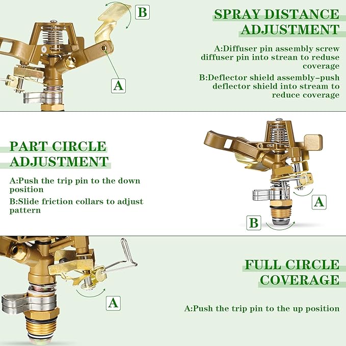 Ferraycle 12 Pieces 1/2 Inch Brass Impact Sprinkler Head with Nozzles Heavy Duty Adjustable 0-360 Degrees Impulse Sprinkler Head Lawn Watering for Yard Irrigation