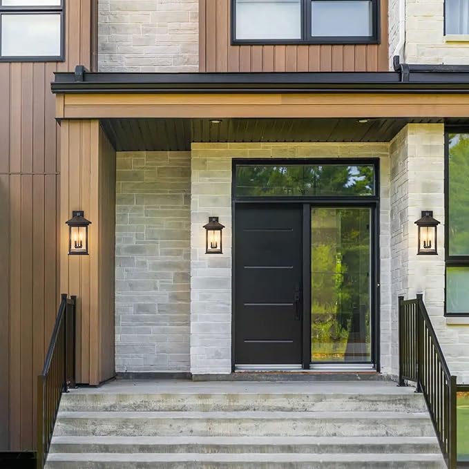 Dusk to Dawn Outdoor Wall Lantern, Exterior Wall Sconce Fixture with Tempered Clear Seeded Glass, Matte Black Finish for Outdoors (Large Wall Mount)