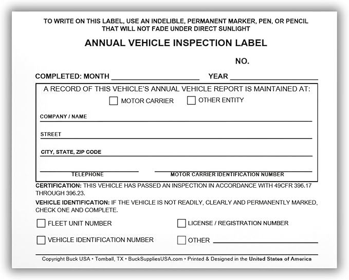 5 Pack Buck Annual Vehicle Inspection Label, 2-Ply Adhesive Vinyl with Mylar Laminate, FMCSA & DOT Compliant, Weatherproof, Tear Resistant, Easy to Write On, 5" x 4" - Made in USA