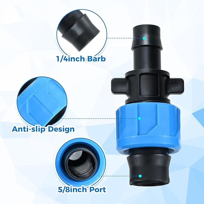 50 Pcs Drip Irrigation Connector, Drip Tape Fittings, Drip Tape Connector Tubing Coupling Barbed Locking Fitting Kit for 5/8" Drip Tape Sprinkler, 1/4" Barb Drip Irrigation Tools