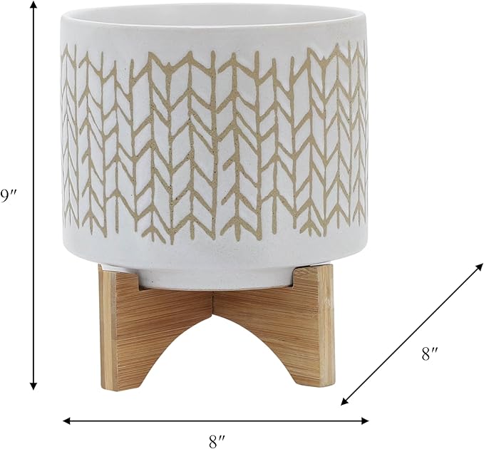 8" Ceramic Planter Stand, Ivory/Beige Chevron with Wooden Base, Indoor/Outdoor Planter with Stand for Your Succulents and Small Plants