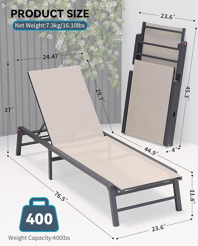 Aluminum Chaise Lounge Chair Outdoor, Foldable Patio Lounge Chair 2 Sets Assemble-Free, Pool Lounge Chairs with 5 Adjustable Backrest, Outdoor Lounge Chairs for Outside Poolside Beach Lawn Beige