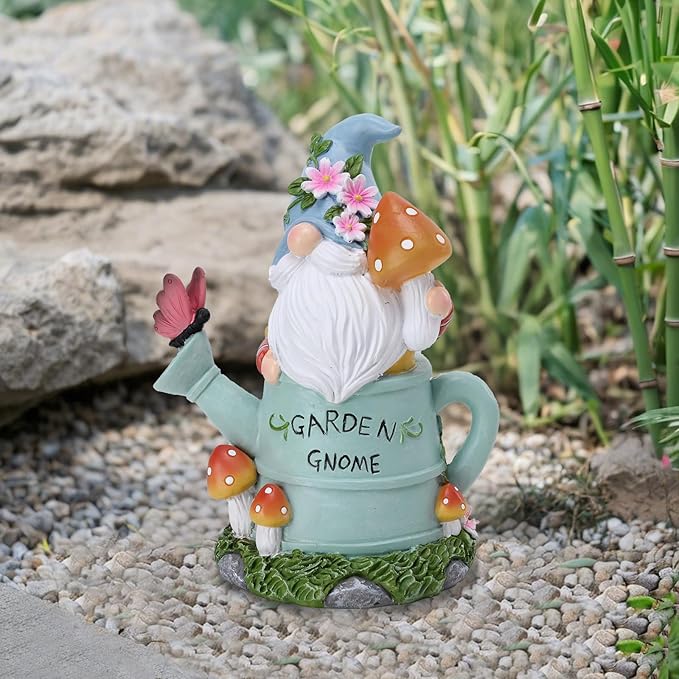Garden Gnome Statue, Novelty Gnome Outdoor Figurine with Watering Can Shape and Flowers Butterfly Decor - Resin Gnome Sculpture with Mushroom Solar Lights for Porch Patio Yard Outdoor Decor