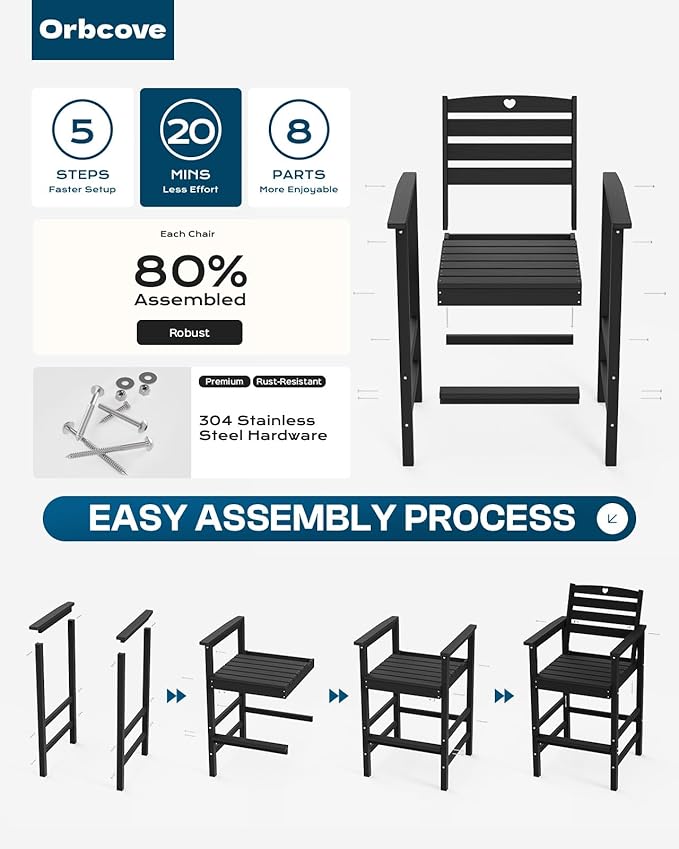 5-Piece Bar Height Outdoor Table and Chairs Set, HDPE Wood Grain Patio Bar Table and Chairs with Heart Cutout Design, Weather-Resistant Bar Height Furniture for Deck, Porch, Pool (Black)