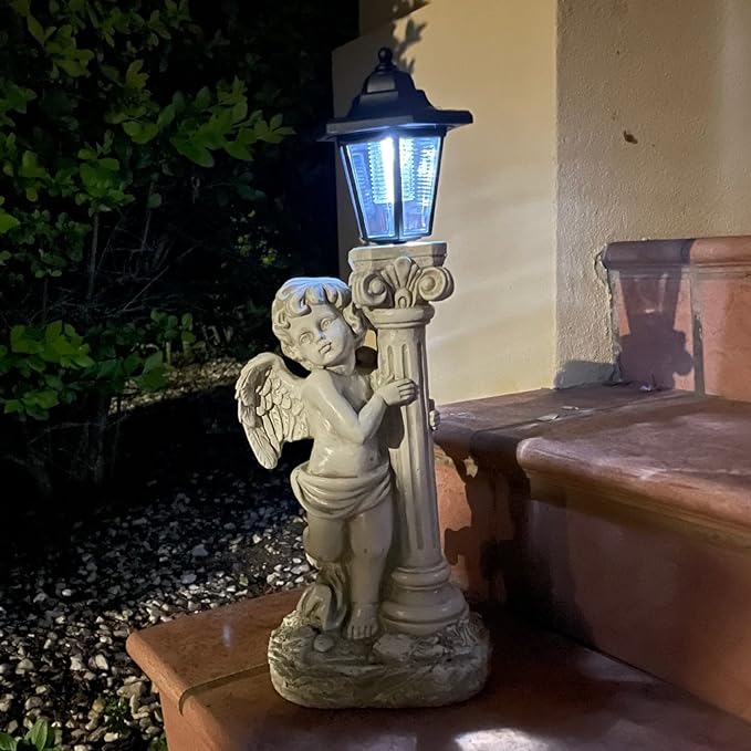 Angel Statue with Solar Lights (Left) 19.7 Inch, Outdoor Solar Angel Garden Statue with Roma Pillar for Garden Lawn Deocr, Christian Religious Gift