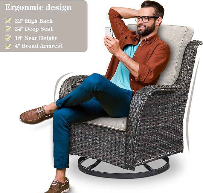 5 Piece Outdoor Patio Furniture Set - Wicker Furniture Patio Conversation Set, Outdoor Swivel Rocker Chairs with Loveseat Sofa and 2 Ottomans for Small Space, Beige Cushion