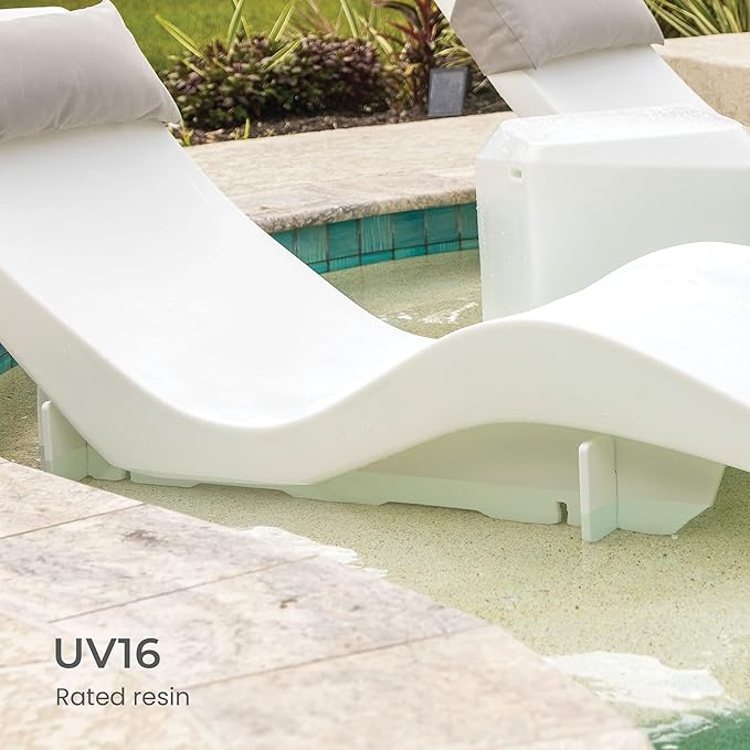 Aqua Outdoors in-Pool DEEP Ledge Chaise Set - Two Chaises - Two Headrest Pillows - Chaise Risers and One Large in Pool Side Table - for ledges 9"-14" inches Deep (White Granite-Navy)