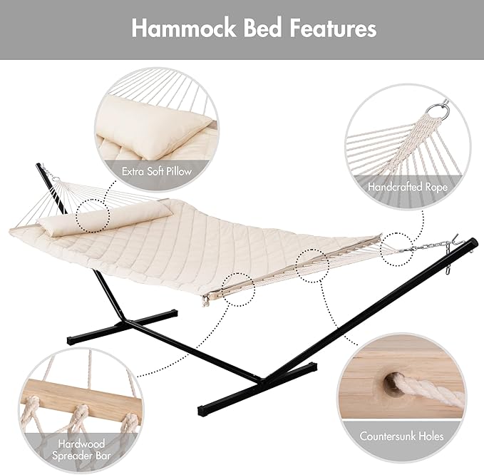 ANOW Heavy Duty Hammock with 12FT Steel Stand Included, Rope Hammock with Detachable Pillow and Pad, 450 LBS Weight Capacity, Cream