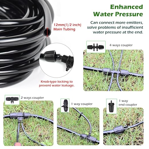 Adjustable Drip Irrigation System for Garden,Lawn Patio, Raised Beds - Automatic Irrigation Kits and Drip Emitters with 1/2" and 1/4" Irrigation Tubing (49FT + 49FT)