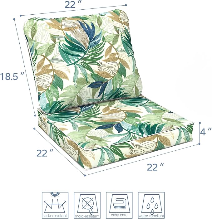 LVTXIII Outdoor Deep Seat Cushion Patio Seat and Back Cushion Set Seasonal Chair Cushion with Removable Cover and Adjustable Buckle for Home and Garden, 22"x22"x4", Lush Leaf Green