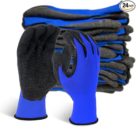 Evridwear Crinkle Latex Rubber Hand Coated Safety Work Gloves for Men Women General Multi Use Construction Warehouse Gardening Assembly Landscaping (Large,Blue- 12Pair)