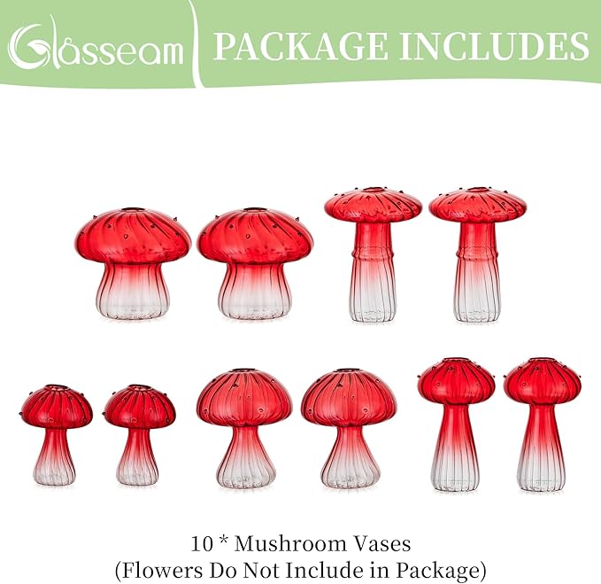 Glasseam Mushroom Plant Propagation Stations: Red Glass Terrarium Jar Set of 10 Cute Planters for Indoor Plants Mini Propagate Station Unique Christmas Birthday Gifts for Women Home Office Decor