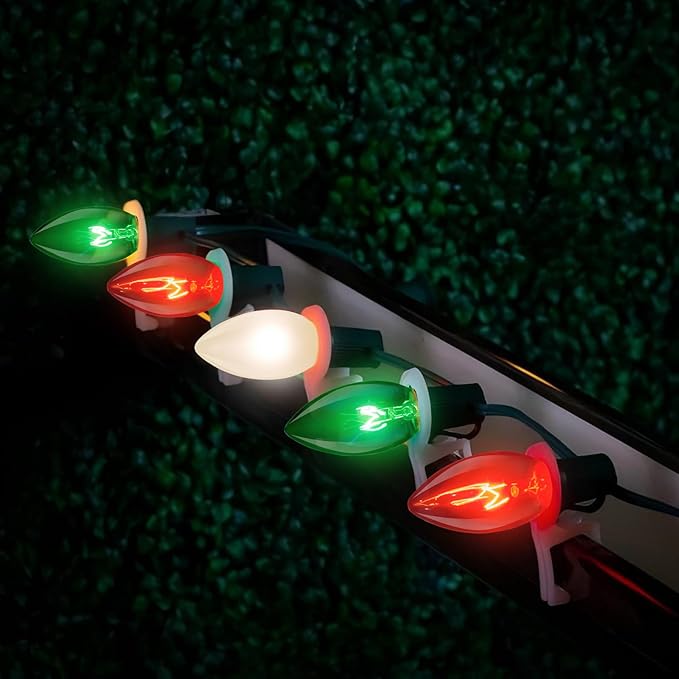 25ft C9 Clear Incandescent Christmas Lights - Red, White, Green Outdoor String With 26 Multicolor Bulbs - Waterproof Plug-In for Roofline, Tree, Garden Decor