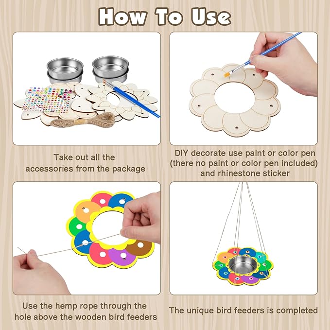 Fennoral 4 Pack Bird Feeder Kits for Kids Make Your Own Bird Feeders Wooden Arts and Crafts for Kids Ornaments DIY to Paint Bird Feeders Craft for Spring Winter Garden Outdoor Activities Project
