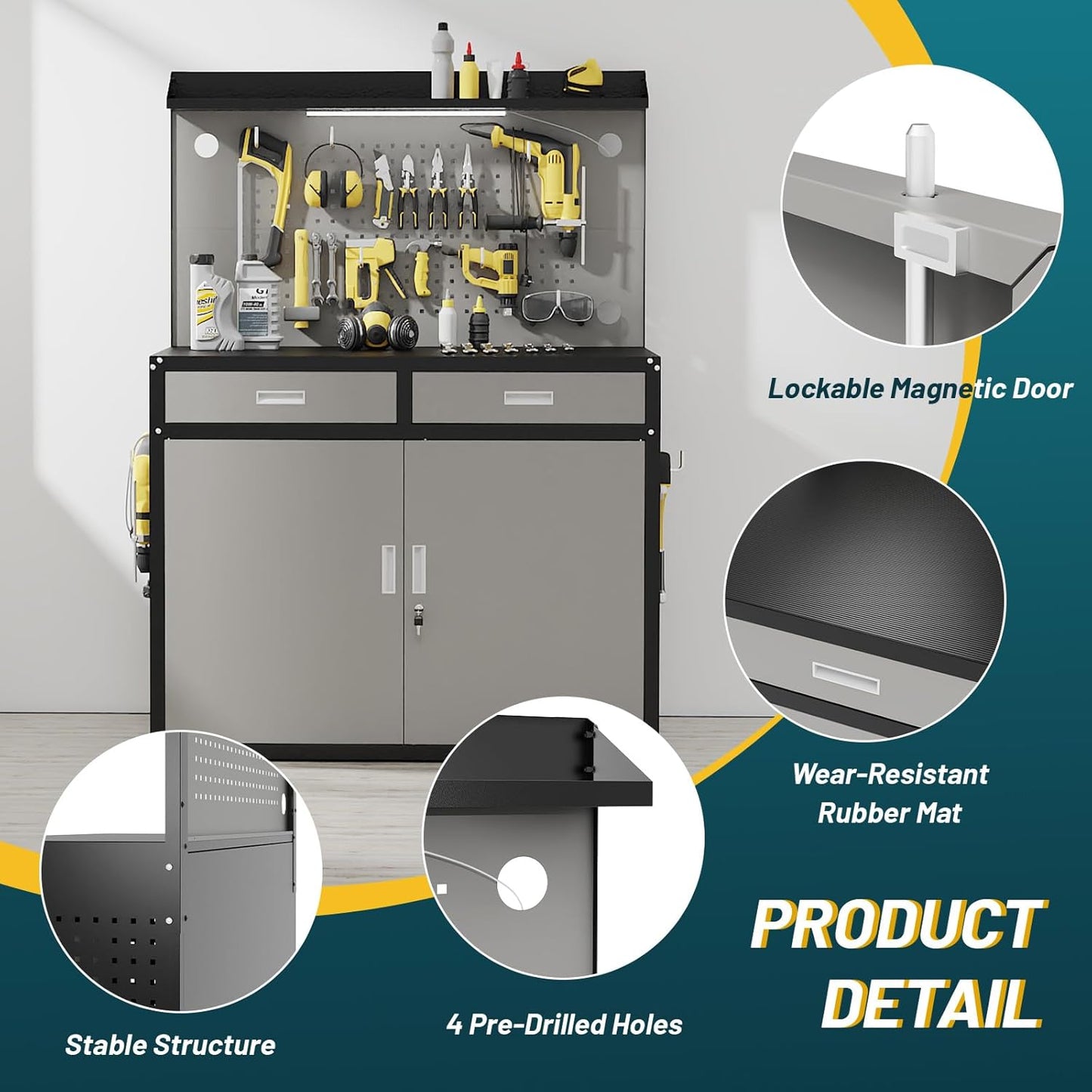 65" Heavy Duty Workbench with Drawers and Lockable Storage Cabinet- 2000 LBS Capacity Work Bench with Pegboard Organiser,Work Table with Adjustable LED Light for Garage,Workshop and Repair Shop