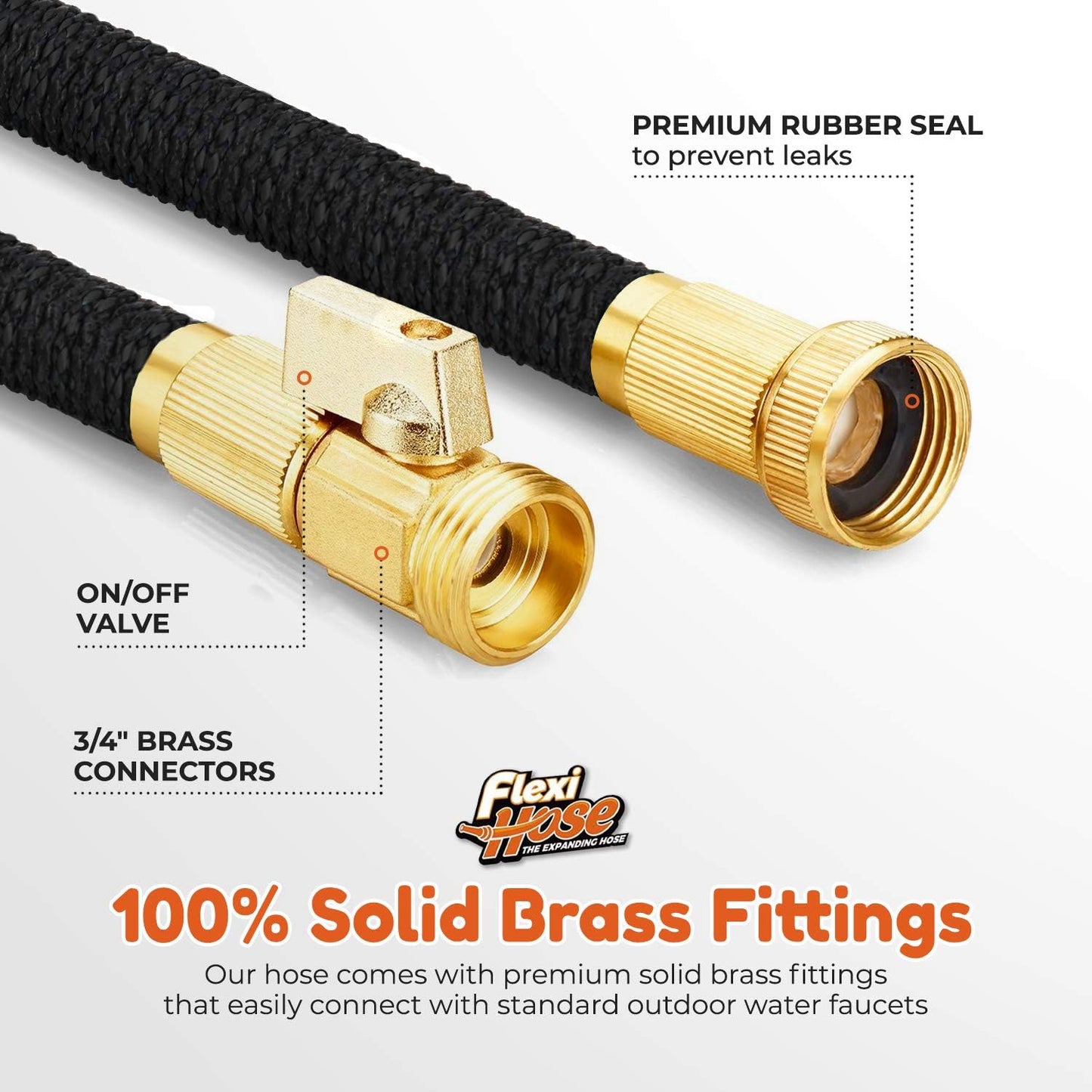 Flexi Hose Lightweight Expandable Garden Hose, No-Kink Flexibility, 3/4 Inch Solid Brass Fittings and Double Latex Core (25ft, Black)
