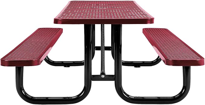 Global Industrial 8’L Rectangular Picnic Table, Expanded Metal, Red Thermoplastic Coating, Attached Benches, 1-1/2” Umbrella Pole Hole, Outdoor-Rated, 1000 lb Capacity, 96” x 30” Tabletop
