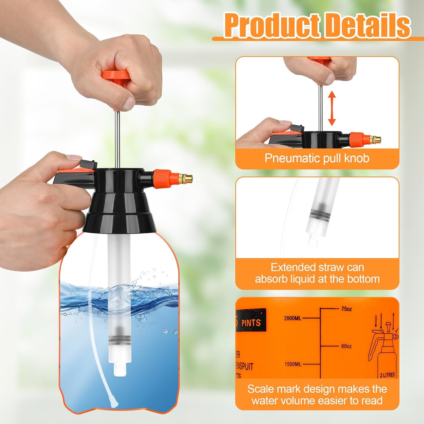 3 Pcs 1/2 Gallon Plastic Handheld Pump Sprayer – Garden Pressure Sprayer Bottle with Adjustable Nozzle for Plants, Cleaning, Household Tasks – Orange