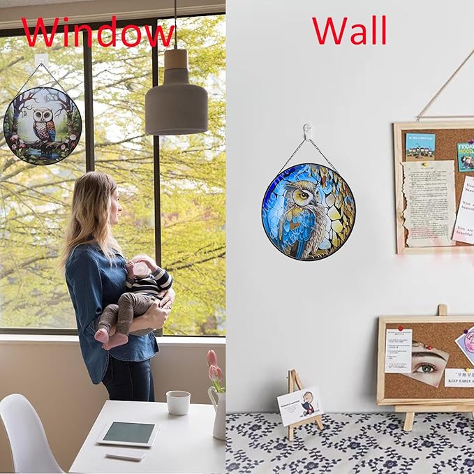 Hanging Stained Glass for Windows,20cm/7.87inch Owl Suncatcher Stained Glass Garden Hangings Ornaments Mother's Day Valentine's Day Halloween Fall Christmas Decor for Home (A Style)