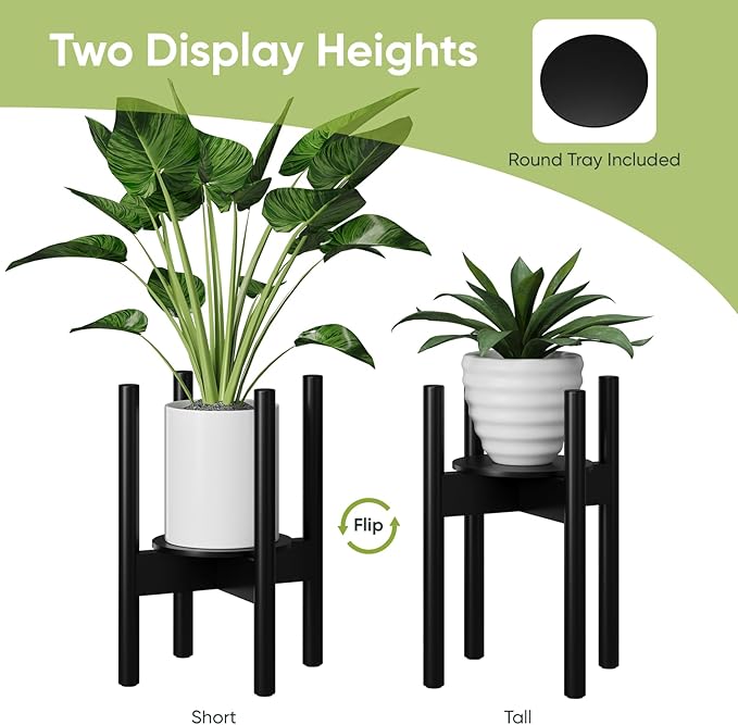Adjustable Plant Stand, Bamboo Plant Stand Indoor with Tray, Wood Plant Stand for 8 to 12 inches Flower Pots, Single Mid Century Modern Plant Stand for Indoor Plants, Black