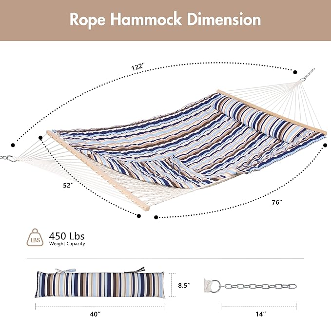 ANOW Outdoor Double Rope Hammock with Pad, Portable Hammock for Patio, Backyard, Beach, 450 LBS Weight Capacity, Blue Seaside