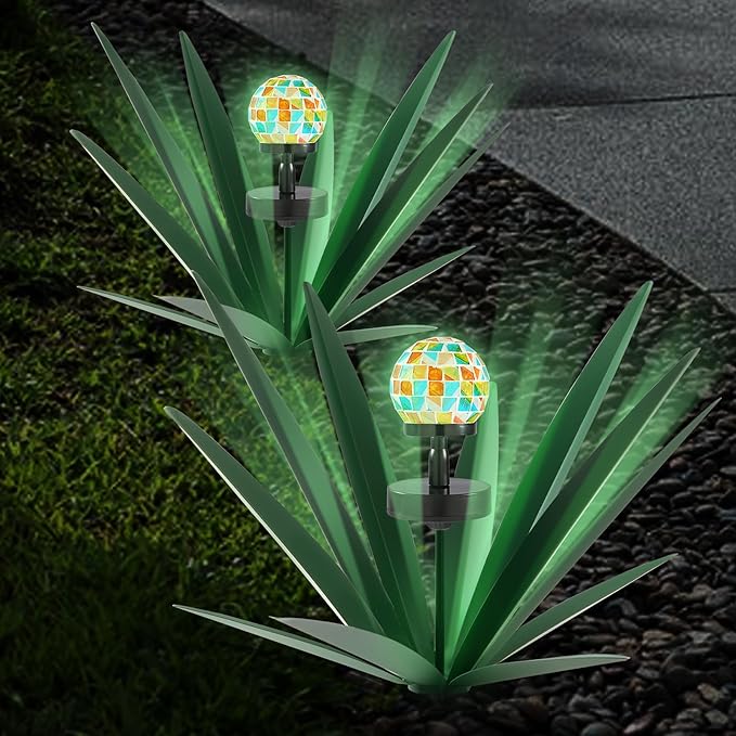 Enlarge Metal Plants Tequila Rustic Sculpture, Outdoor Patio Yard, Home Decor Hand Painted Agave Garden Statue, Outdoor Lawn Ornaments Yard Stakes for Mom Gift (2 Solar Green)