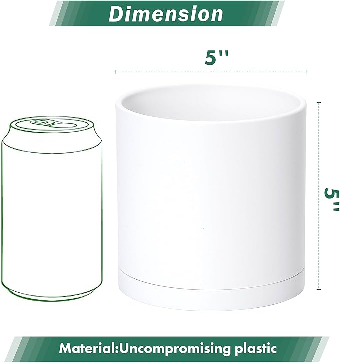 D'vine Dev 6 Pack 5 Inch Modern Plastic Plant Pots, Small Garden Planters for Plant with Drainage Holes and Saucers, White Color, 74-Z-G-3