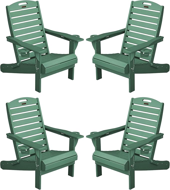 Adirondack Chairs Set of 4, Outdoor Fire Pit Chairs, HDPE All-Weather Adirondack Chairs with Cup Holder, Lawn Chair for Deck, Patio, Garden (Green)