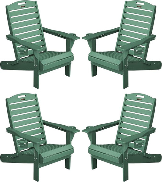 Adirondack Chairs Set of 4, Outdoor Fire Pit Chairs, HDPE All-Weather Adirondack Chairs with Cup Holder, Lawn Chair for Deck, Patio, Garden (Green)