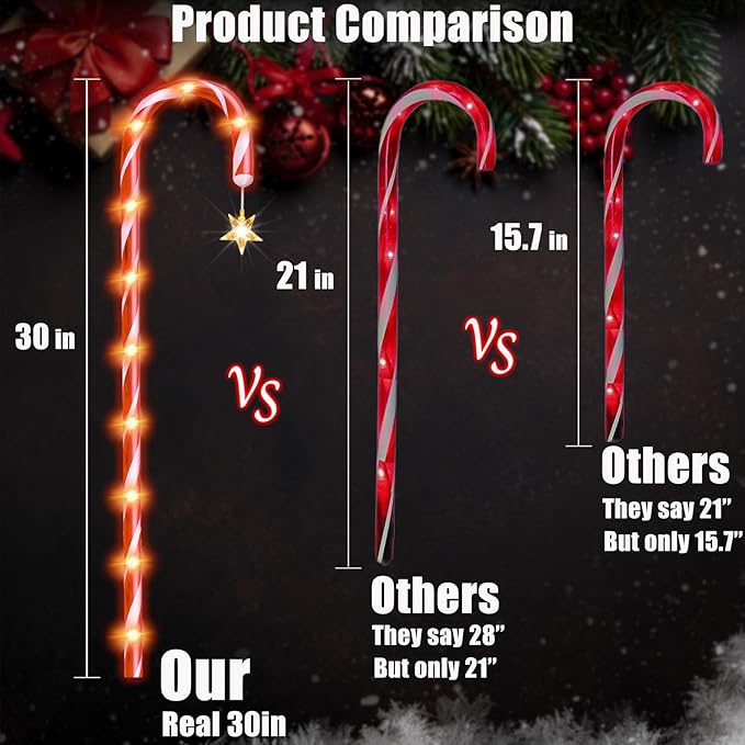 36" Outdoor Christmas Decorations, Real 30" Red Candy Cane Lights Outdoor Pathway 8 Flashing Modes, 12 Pack Christmas Candy Cane Lights, Christmas Decorations Outdoor Yard, Warm Lights with Star