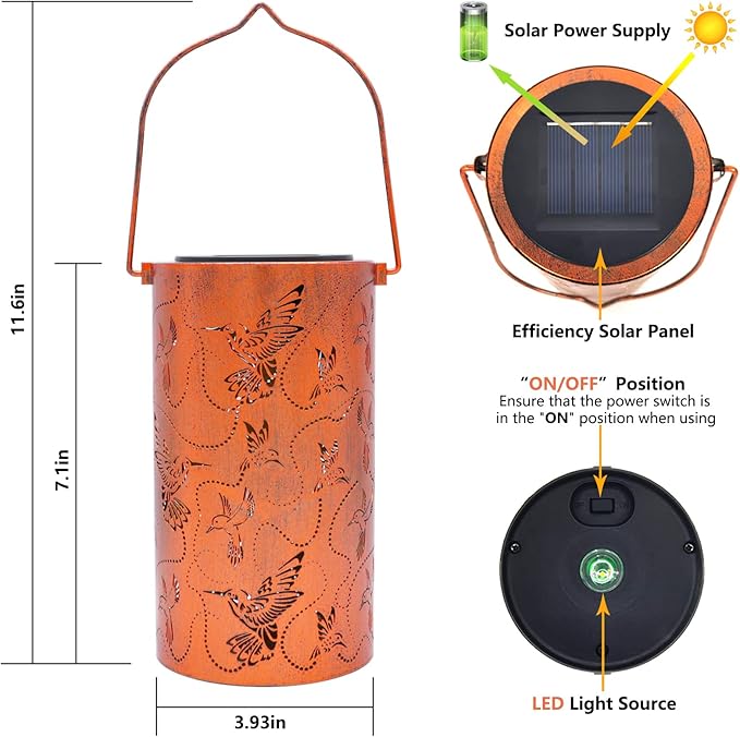 2 Pack Solar Lanterns Outdoor Hanging Hummingbird Decor Lantern,Waterproof Hollow Out Metal Decorative Garden Light,Graceful Decoration for Patio,Yard,Landscape,Festival