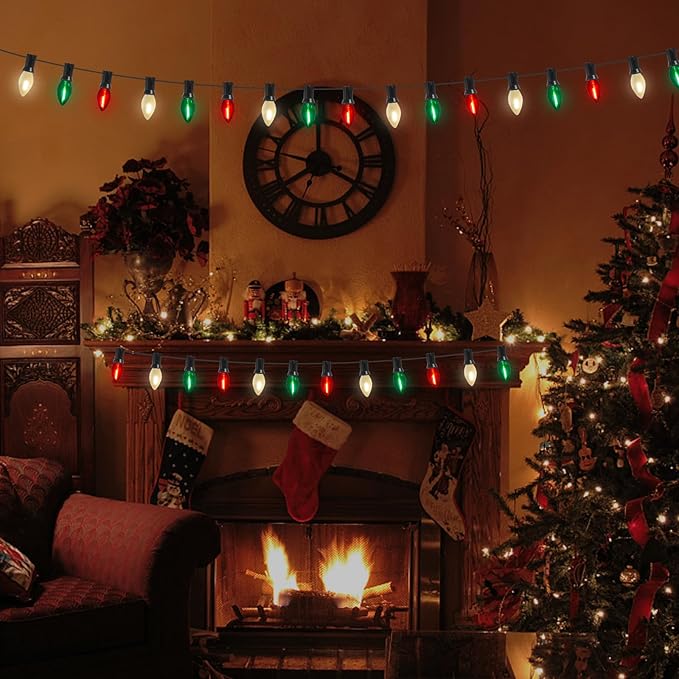 Abeja 25Ft C7 Christmas Multicolor String Lights with 27 Red Green & Frosted White Edison Bulbs, Hanging Vintage Christmas Light Outdoor Waterproof for Party Garden Wedding Bistro Roofline Decor