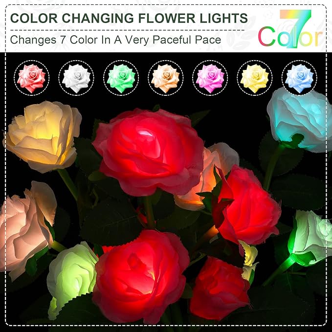 Geelin 10 Pcs Solar Rose Lights Outdoor Waterproof Solar Flower Lights with 40 Rose Flowers 7 Color Changed Decorative Solar Landscape Light for Weeding Garden Yard Patio Pathway Walkway