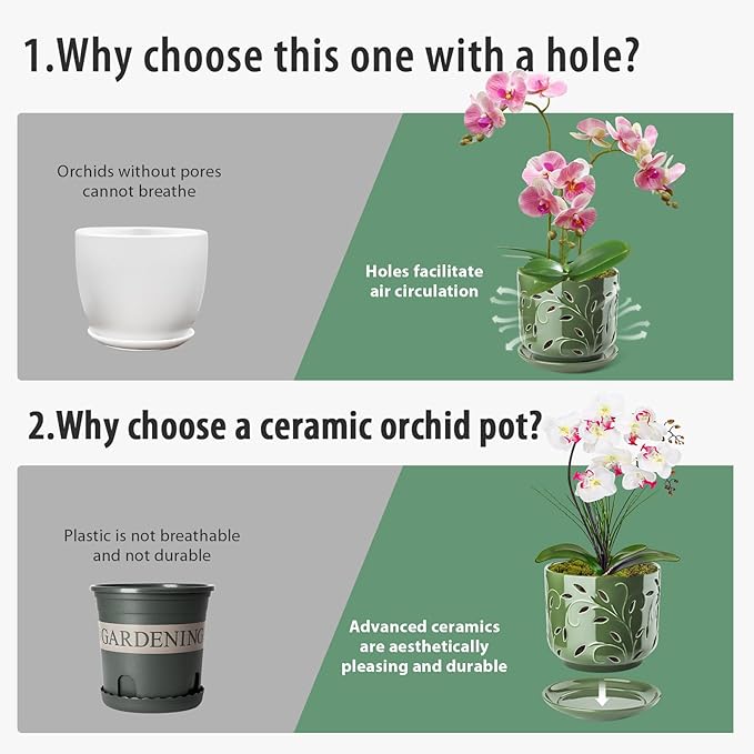 EFISPSS Orchid Pots with Holes, 7 Inch Orchid Pots with Drainage Holes and Tray, Indoor or Outdoor Large Pot for Orchid Care,Durable for Repotting or New Plants - Green