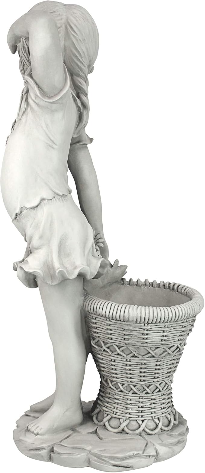 Design Toscano Frances the Flower Girl Outdoor Garden Statue with Planter, 21 Inch Tall, Cast Stone Resin, Antique Stone Finish