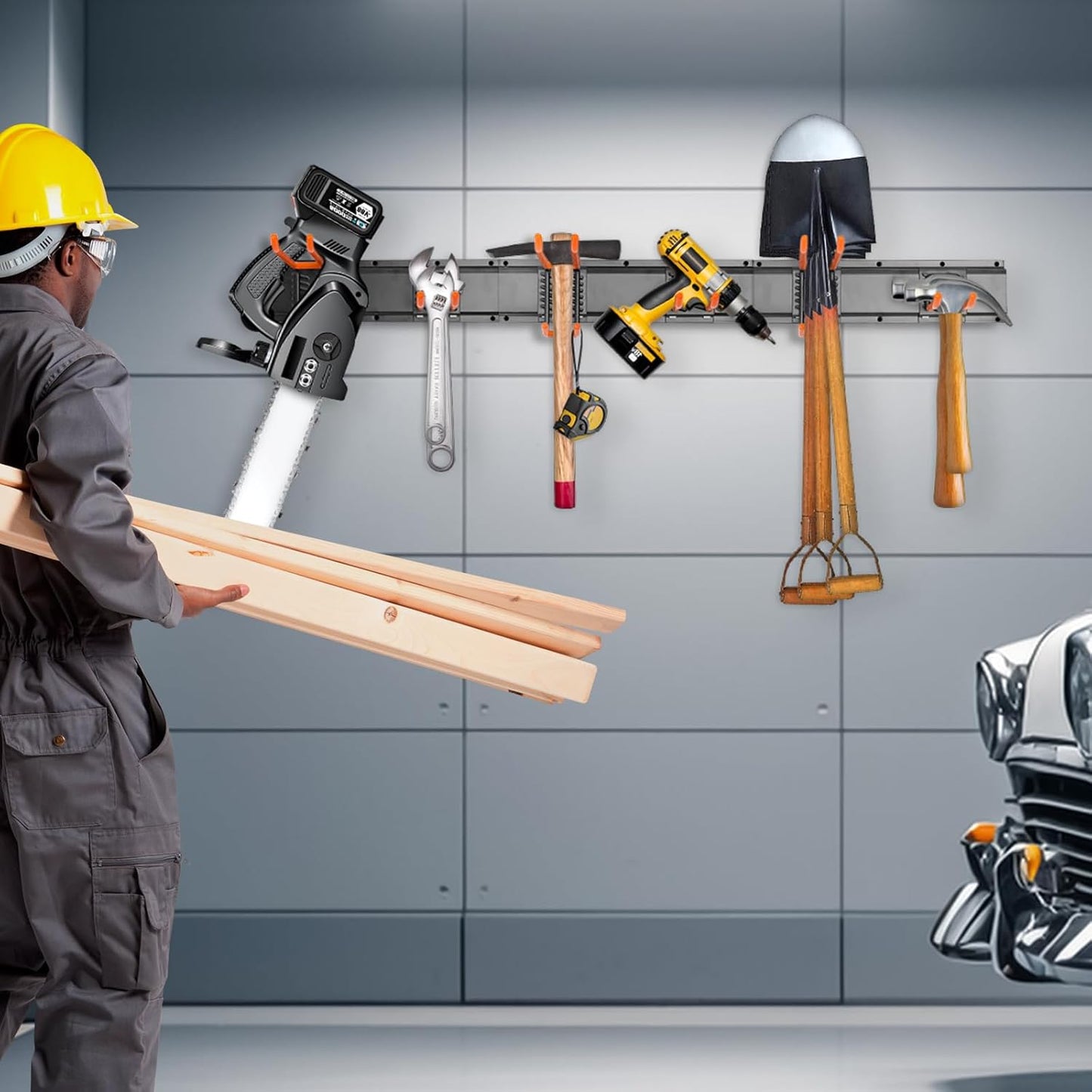 ELECROW Garage Storage Organizer, Wall Mount Rack with 6 Adjustable Hooks, 48 Inches Adjustable Garden Tool Organization, Heavy Duty for Garden and Yard Tool Storage