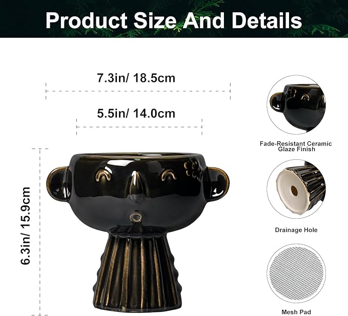 Head Planter 7 Inch - Ceramic Face Planters with Drainage Hole, Funny Succulent Pots for Indoor Outdoor, Cute Decorative Plant Pot, Desk Office Room Home Decor, Black