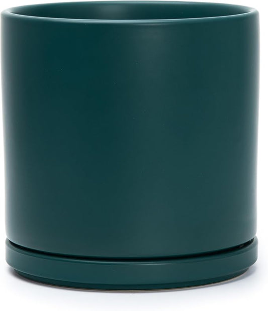 D'vine Dev 8 Inch Ceramic Planter Pot with Drainage Hole and Saucer, Indoor Cylinder Round Planter Pot, Teal, 94-O-D-9