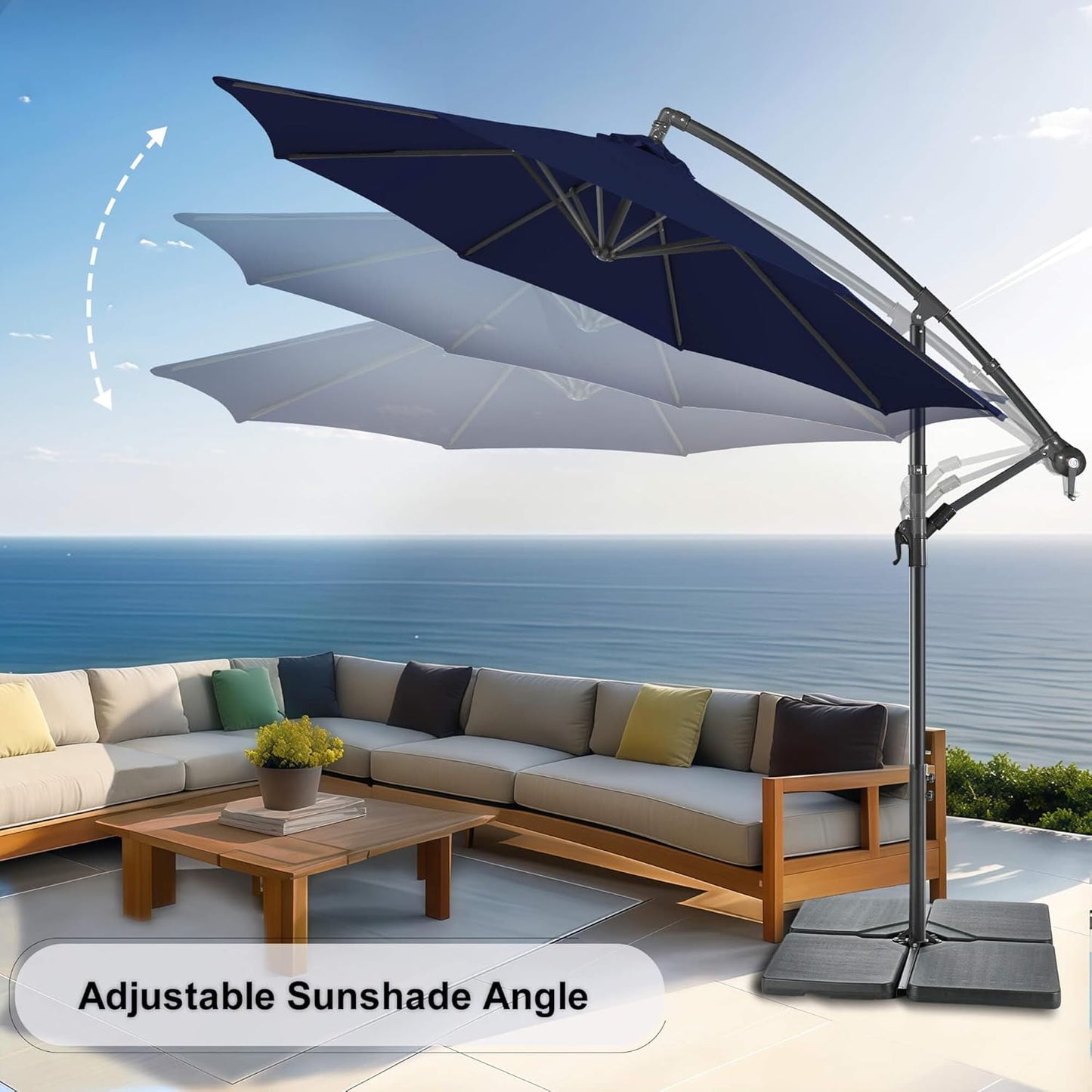 FLAME&SHADE 10ft Cantilever Patio Umbrella Outdoor, Large Offset Umbrella with Crank and Cross Base, UPF 50+ UV Protection Hanging Umbrella for Pool Deck Garden, Navy Blue