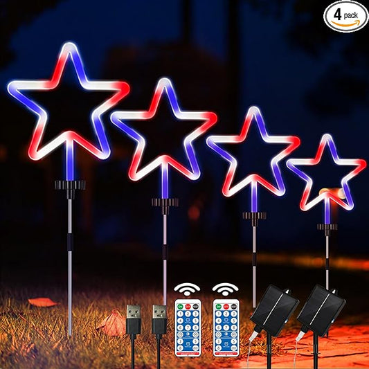 4 Pack Red White and Blue Solar Light Outdoor, 4th of July Decorations Patriotic Lights with Big LED Neon Star, Garden Stake Pathway Lights with 8 Modes for Independence Day Memorial Day Decor