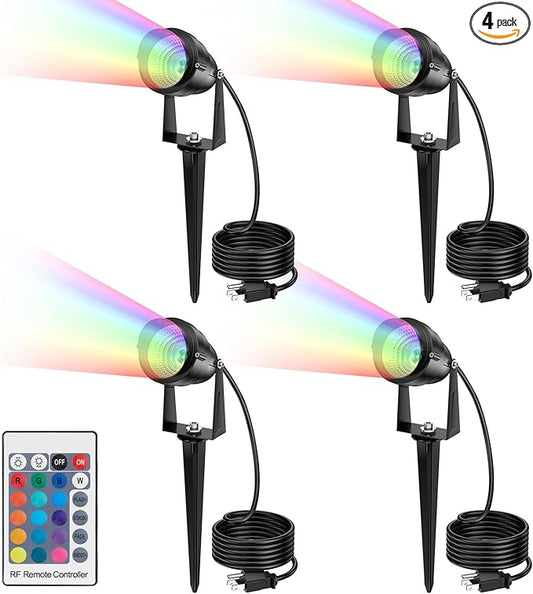 1500LM LED High Brightness Outdoor Landscape Lighting 15W RGBCW Color Changing Landscape Lights Remote Control Spot-Lights with Plug in IP66 Waterproof Flood Light for Garden - 4 Pack