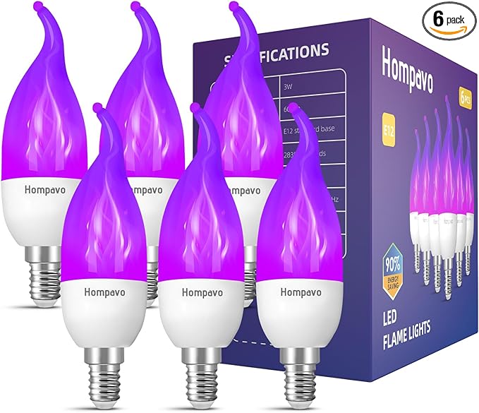 Hompavo 【Upgraded LED Flame Light Bulbs, 3 Modes Flickering Light Bulbs, E12 Chandelier Base Candle Fire Light Bulb for Halloween Christmas Party Porch Indoor & Outdoor Home Decoration, Purple 6 Pack