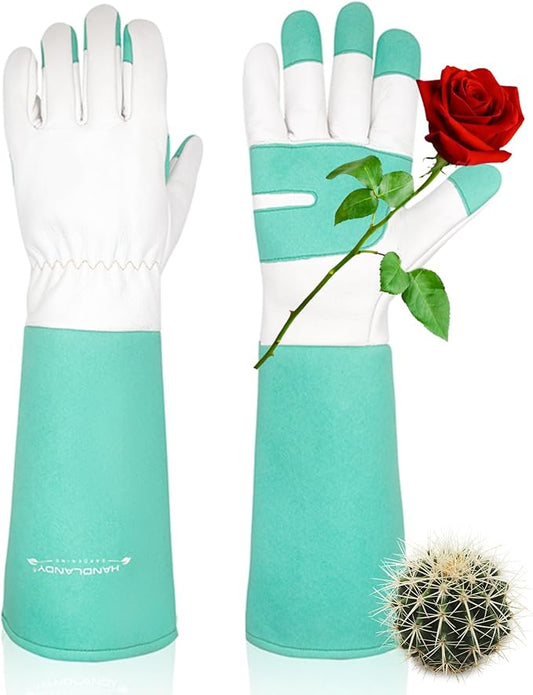 HANDLANDY Long Gardening Gloves for Men & Women, Thorn Proof Rose Pruning Gloves Leather Gauntlets Garden Glove Yard Work Glove (Small, Green)