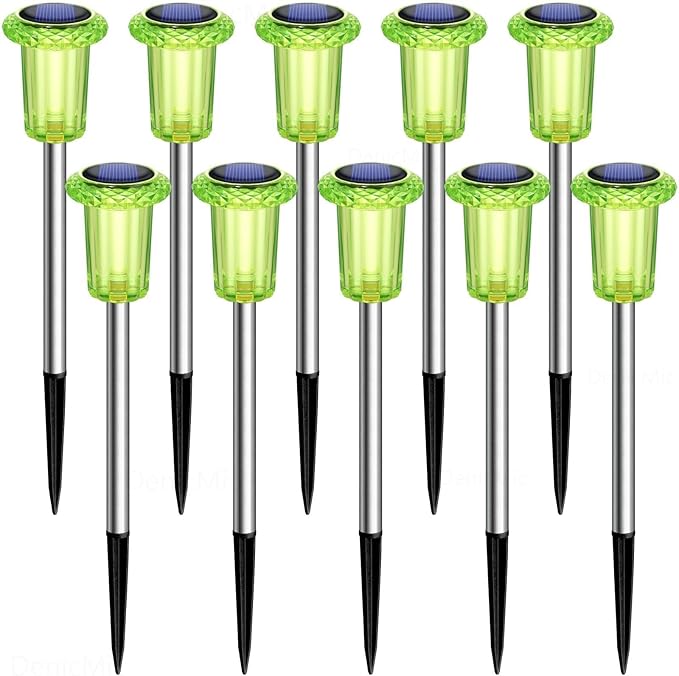 DenicMic Solar Lights Outdoor Pathway Lights LED Waterproof Acrylic Lamp Head Stainless Steel Stake for Yard Garden Landscape Path Walkway Driveway Patio Lawn (Green 10Pack)
