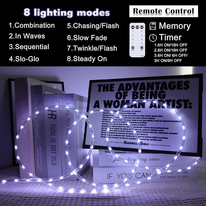 50Ft 600 LED Rope Lights Outdoor, White Flexible Tube Light Waterproof Plug in 8 Modes Timer Memory, Permanent String Lights for Tree,Pool, Bedroom, Fence, Garden, Indoor, Outside Decorations