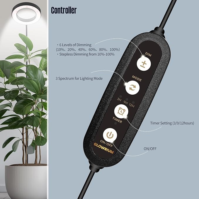 GLOWRIUM Indoor Grow Light, 20 Watt Full Spectrum LED Plant Growth Light with Stand, Adjustable Height with Timer 3/9/12 hrs, Black LED Plant Lamp