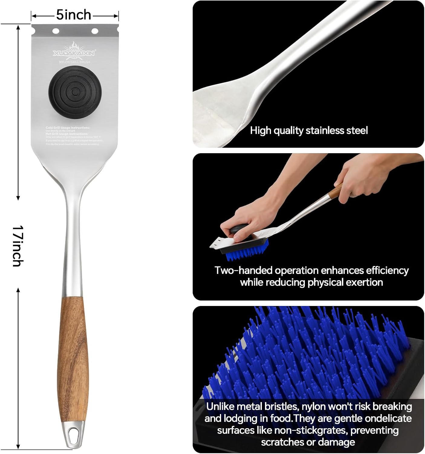 Grill Brush and Scraper, Dual Grip Design,Extra Strong BBQ Cleaner Accessories,Safe Nylon Bristles Barbecue Triple Scrubbers Cleaning Brush for Cast Iron Grates/Porcelain/Charcoal Grill